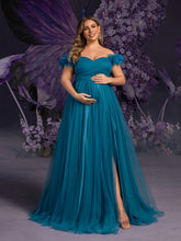 Plus Maternity  Off Shoulder Ruched Front Split Mesh Party Dress